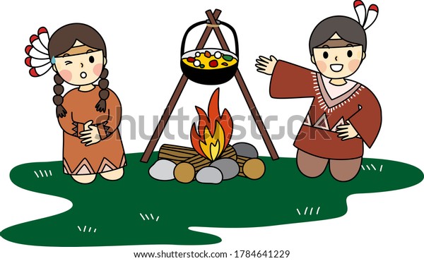 小さな赤いインド人が焚き火で料理を作っている漫画 簡単なかわいい手描きの線のベクター画像と最小限のアイコンフラットスタイルの文字イラスト のベクター画像素材 ロイヤリティフリー