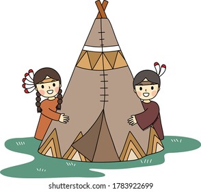 Cartoon of Little red Indian and their house. Simple cute hand draw line vector and minimal icons flat style character illustration.