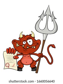 
Caricatura satán rojo con un contrato diabólico y horquilla en la mano. vectorial. aislado de fondo blanco. ilustración de existencias