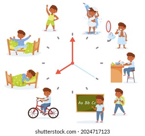 Cartoon little school boy activities, child daily routine. Children morning and evening activity, everyday schedule for kids vector set. Brushing teeth, having shower and learning at school