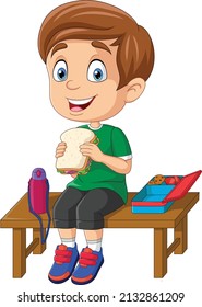 Cartoon Little School Boy Eating Bread