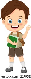 Cartoon little school boy waving hand 