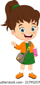 Cartoon Little School Girl Waving Hand