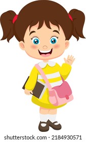 Cartoon little school girl waving hand