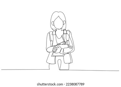 Cartoon of little schoolgirl with backpack holding notebook. One line art style
