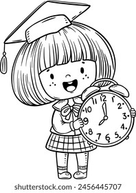 Cartoon little schoolkid teach how to tell time and read a clock. Child telling time black and white vector illustration