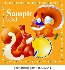 Cartoon little squirrels playing music.. Funny animal squirrel - musicians playing the tambourine. Forest band plays music.