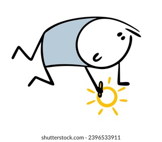 Cartoon little stickman boy bent down and draws the sun on the asphalt with yellow chalk. Vector illustration of funny children creativity and art. Isolated on white background.