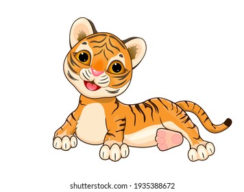 Cartoon little tiger cub on a white background.                                                                                               