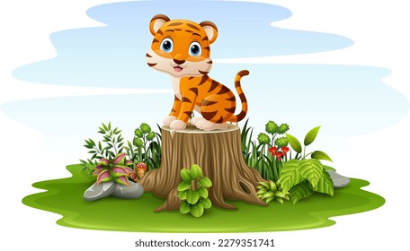 Cartoon little tiger sitting on tree stump