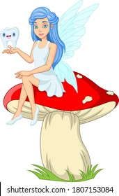 Cartoon little tooth fairy sitting with a tooth on the mushroom