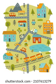 Cartoon little town map print for nursery carpet. Cityscape baby poster with animals, houses and cars.