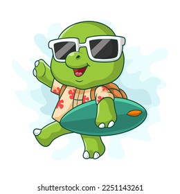 Cartoon little turtle in glasses taking surf