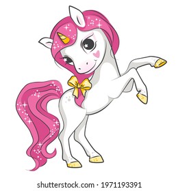 Cartoon little unicorn standing on its hind legs. Beautiful picture for your design.  Isolated.