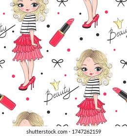 Cartoon little valentines girl seamless pattern with pink lipstick and crown. Vector illustration.