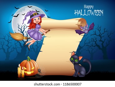 Cartoon little witch flying on a broomstick with halloween background