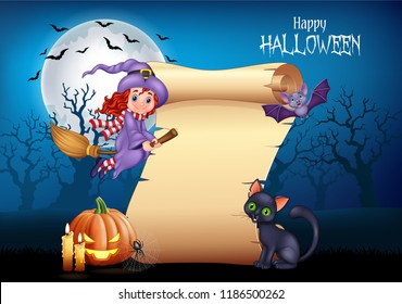 Cartoon little witch flying on a broomstick with halloween background