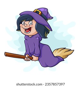 cartoon little witch flying on a broomstick