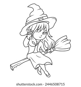 Cartoon little witch flying use a broomstick line art