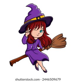 Cartoon little witch flying use a broomstick