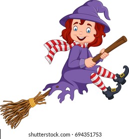 Cartoon little witch flying use a broomstick