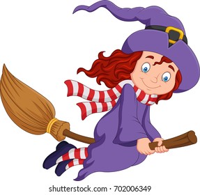 Cartoon little witch flying use a broomstick