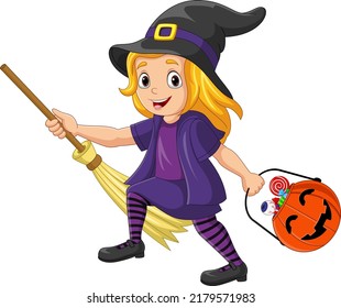 Cartoon little witch girl carrying a basket of candies in a pumpkin basket. Little girl wearing witch halloween costume holding broom