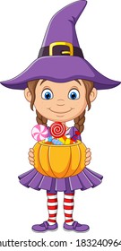 Cartoon little witch girl holds a pumpkin basket with Candies