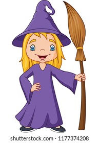 Cartoon little witch holding broomstick