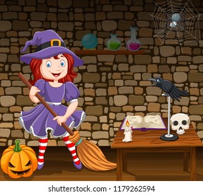 Cartoon little witch holding a broomstick 