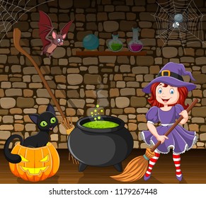 Cartoon little witch holding a broomstick in the room