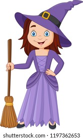 Cartoon little witch holding broomstick