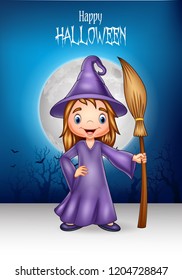 Cartoon little witch holding broomstick with halloween background