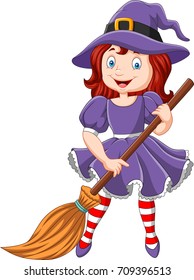 Cartoon little witch holding broomstick