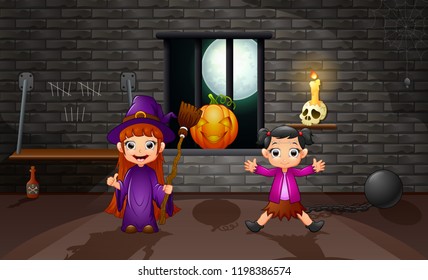 Cartoon little witch in the house