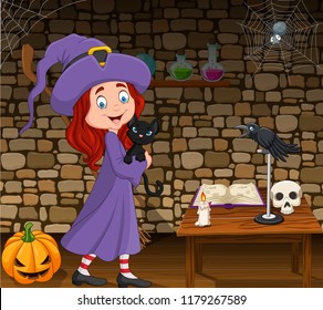 Cartoon little witch hugging black cat in the room