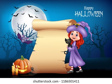 Cartoon little witch hugging black cat with Halloween background