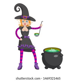 Cartoon little witch preparing potion. Decorative element for Halloween. Vector image. eps 10