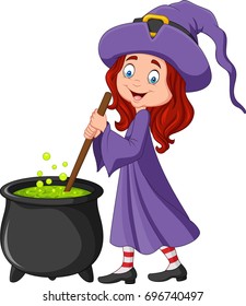 Cartoon little witch preparing potion