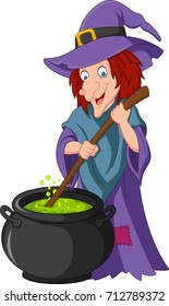 Cartoon little witch preparing potion