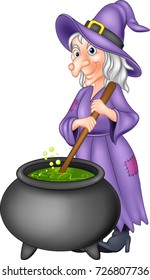 Cartoon little witch preparing potion