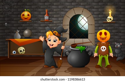Cartoon of little witch and pumpkin mask