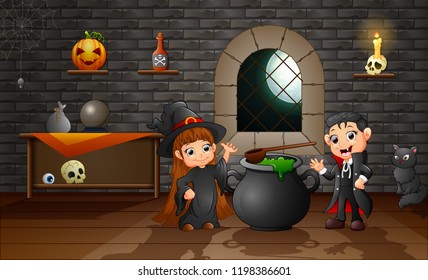 Cartoon of little witch and vampire