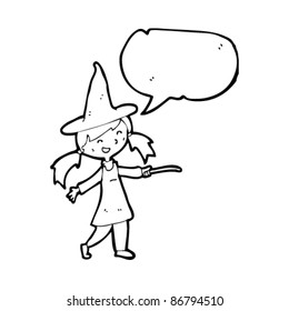 cartoon little witch with wand casting spell