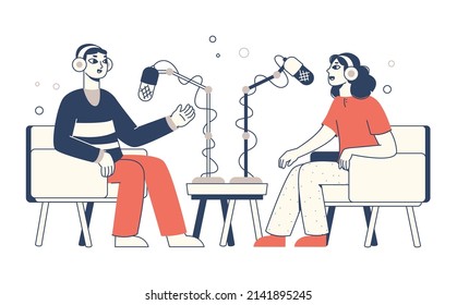 Cartoon live broadcast, audio podcast recording characters. Social network collaboration, interview talk show flat vector symbols illustration. Audio podcast recording