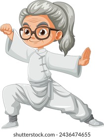 Cartoon of a lively elderly woman doing kung fu.