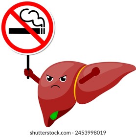 Cartoon liver character human organs holding stop and no smoking sign. Smoking effect on human internal organs. Health care concept. World no tobacco day. illustration.