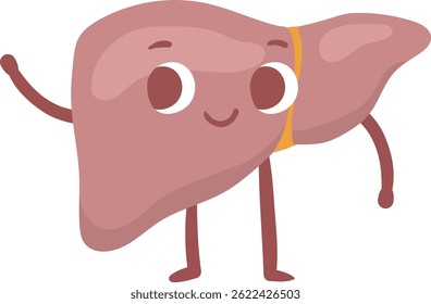 Caráter de fígado de desenho animado acenando alegremente, espalhando mensagens de saúde, bem-estar e a importância de entender a função do fígado e prevenir doenças