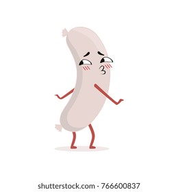Cartoon liver sausage dancing with cute face. Comic character isolated on white. Delicious meat food product. Flat vector design for menu, sticker or butcher shop flyer