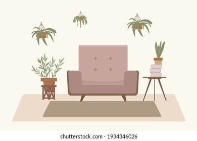 Cartoon Living Room with an armchair. Cozy interior with furniture and decor with flowers around. Vector illustration in soft pink and beige tones. Vector illustration